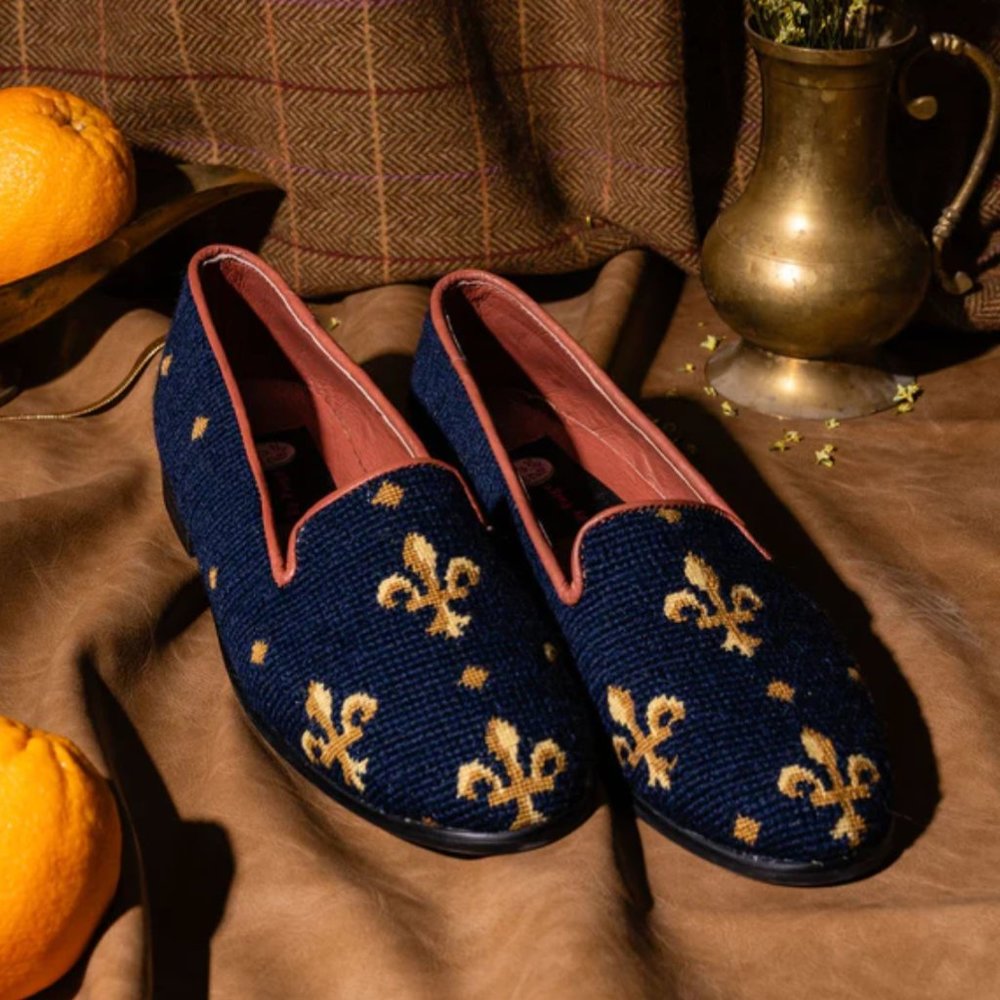 Elegant Navy and Gold Fleur-de-Lis Loafers - Picture 2 of 14